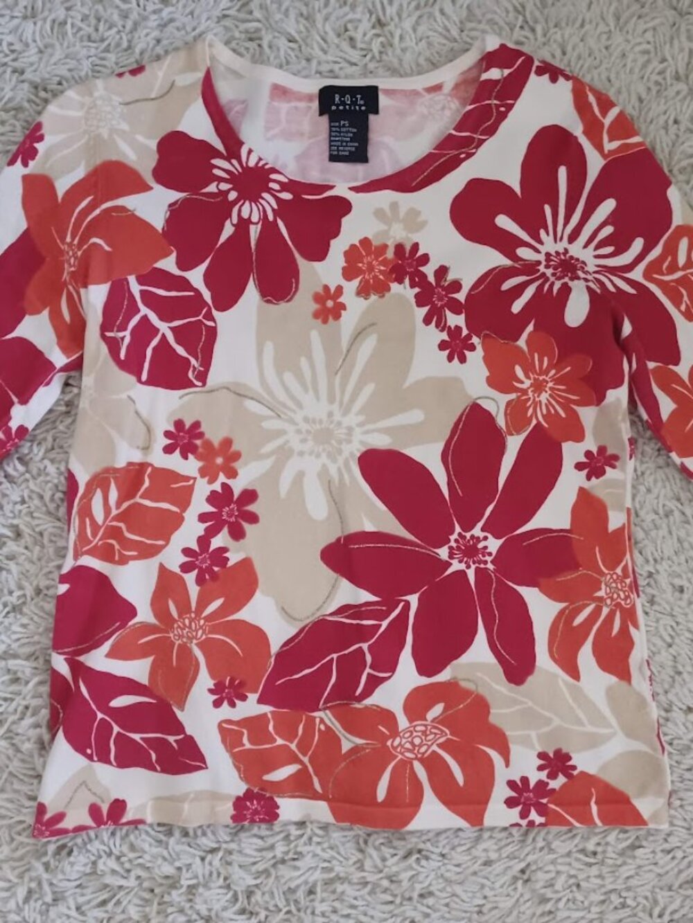 RQT Petite Sweater Womens PS Red Floral Cotton Blend Metallic Y2K 3/4 Sleeve
